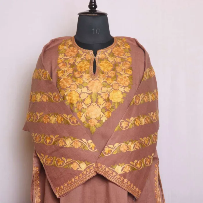 Kashmiri Light Brown Raffal Pheran with Sleeve Aari Embroidery - Chattabal Collection