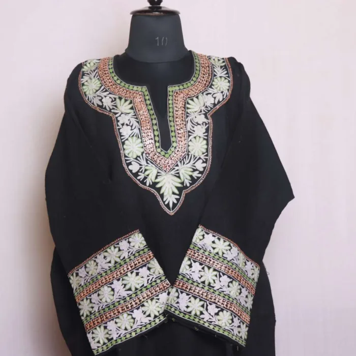 Black Heavy Border Pheran with Sleeve Aari and Tilla Embroidery in Cashmilon - Chattabal Collection - Image 2