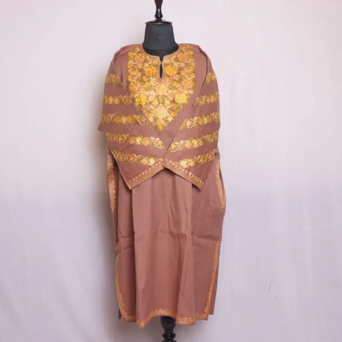 Kashmiri Light Brown Raffal Pheran with Sleeve Aari Embroidery - Chattabal Collection - Image 2