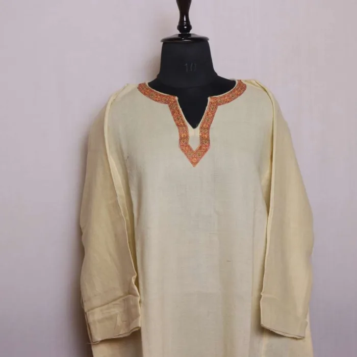 Cream Color Raffal Fabric Needlework Loose Pheran for Winter Wear - Saidakadal Collection [54, 43]