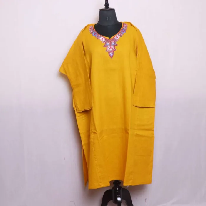 Elegant Mustard Needlework Loose Pheran in Raffal Fabric - Saidakadal Collection [56, 44] - Image 2