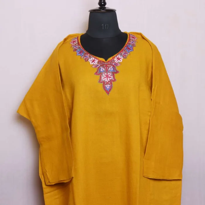 Elegant Mustard Needlework Loose Pheran in Raffal Fabric - Saidakadal Collection [56, 44]