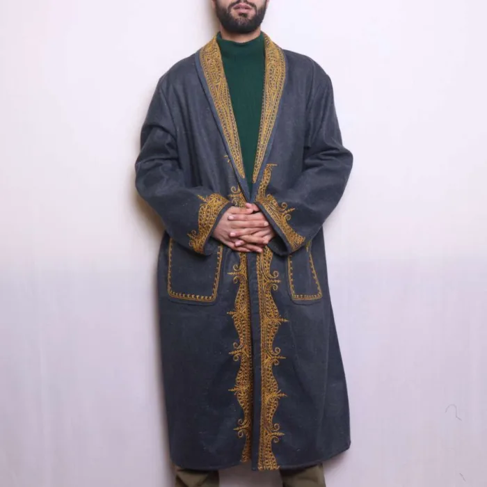 Kashmiri Woolen Bluish Grey Tweed Gown | Robe with Mustard Aari Embroidery - Humayun Collection