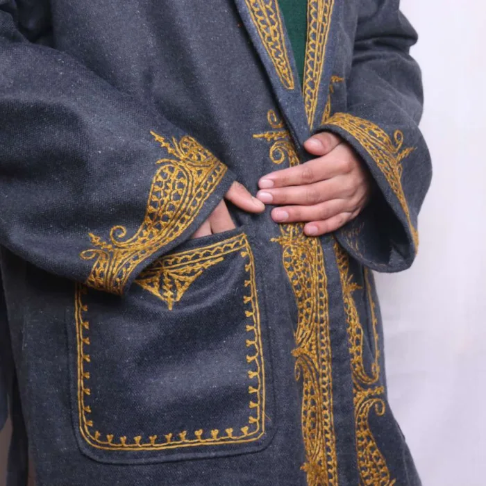 Kashmiri Woolen Bluish Grey Tweed Gown | Robe with Mustard Aari Embroidery - Humayun Collection - Image 3