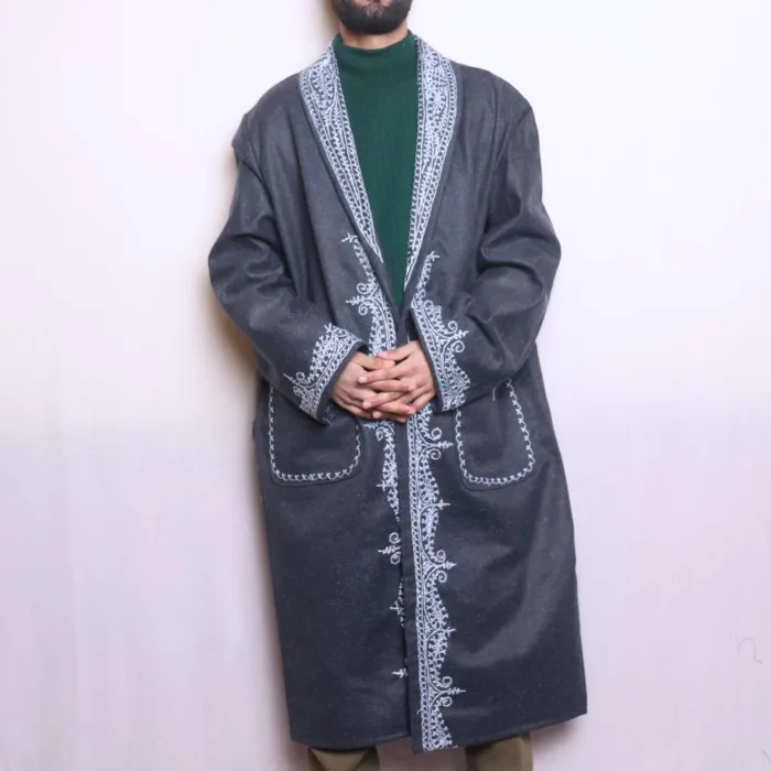 Bluish Grey Woolen Tweed Gown | Robe for Winter with Powder Blue aari Work - Humayun Collection