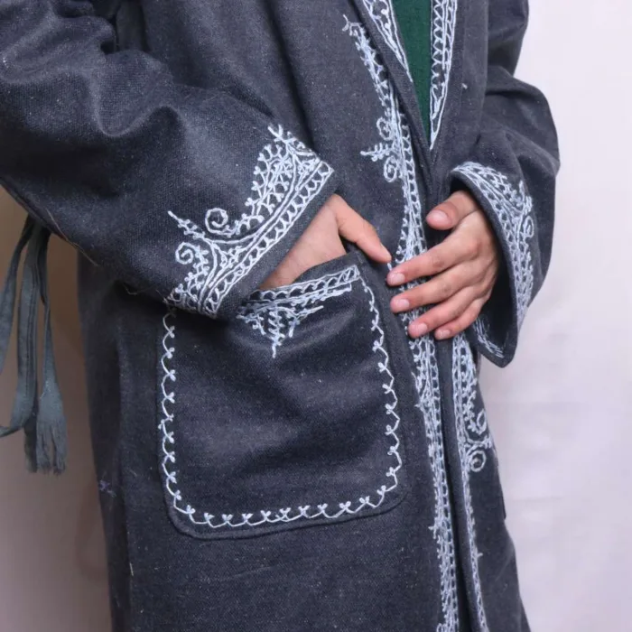 Bluish Grey Woolen Tweed Gown | Robe for Winter with Powder Blue aari Work - Humayun Collection - Image 3