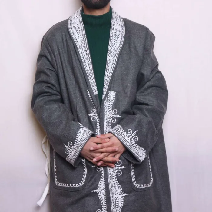 Grey Tweed Gown | Robe with White Aari Embroidery - Kashmiri Winter Wear - Humayun Collection - Image 2