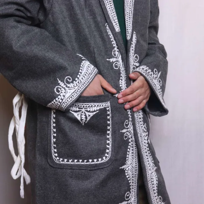 Grey Tweed Gown | Robe with White Aari Embroidery - Kashmiri Winter Wear - Humayun Collection - Image 3