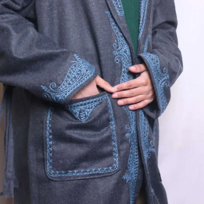 Dark Grey Woolen Tweed Gown | Robe with Blue Aari Work for Winter Style - Humayun Collection - Image 3