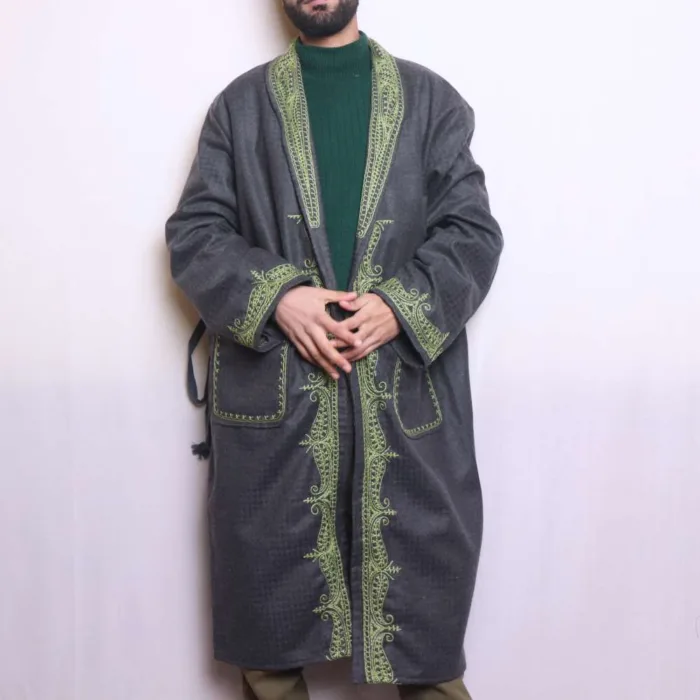 Winter-Ready Grey Tweed Woolen Gown | Robe with Lime Green Aari Embroidery - Humayun Collection