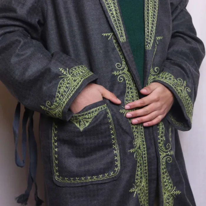 Winter-Ready Grey Tweed Woolen Gown | Robe with Lime Green Aari Embroidery - Humayun Collection - Image 3