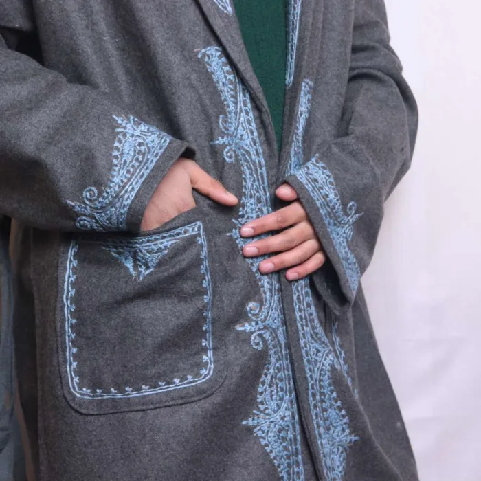 Grey Tweed Woolen Gown | Robe with Blue Aari Embroidery for Winter Wear - Humayun Collection - Image 3