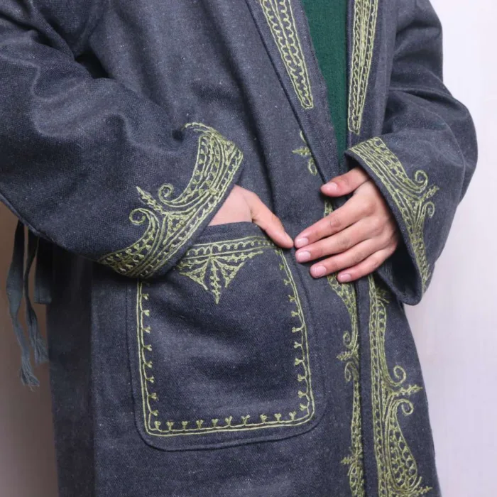 Kashmiri Dark Grey Woolen Tweed Gown | Robe with Lime Green Aari Embroidery - Humayun Collection - Image 3