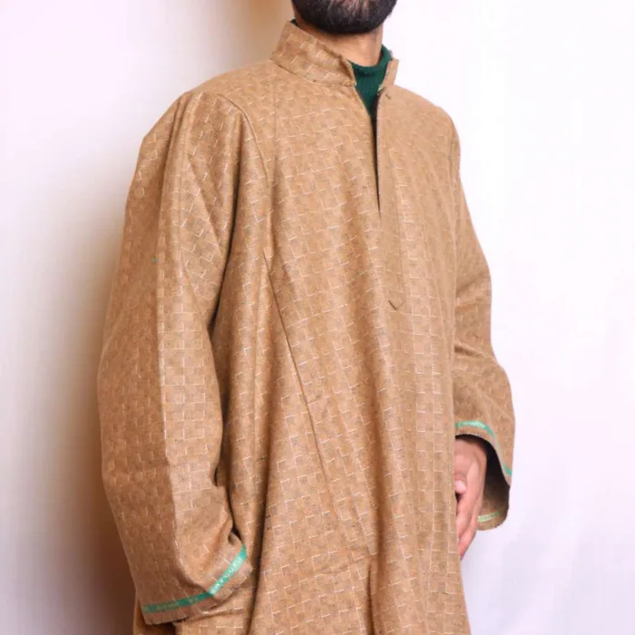 Light Brown Check Tweed Pheran | Feran | Phiran for Gents (L49,C64)- Badamweer Collection