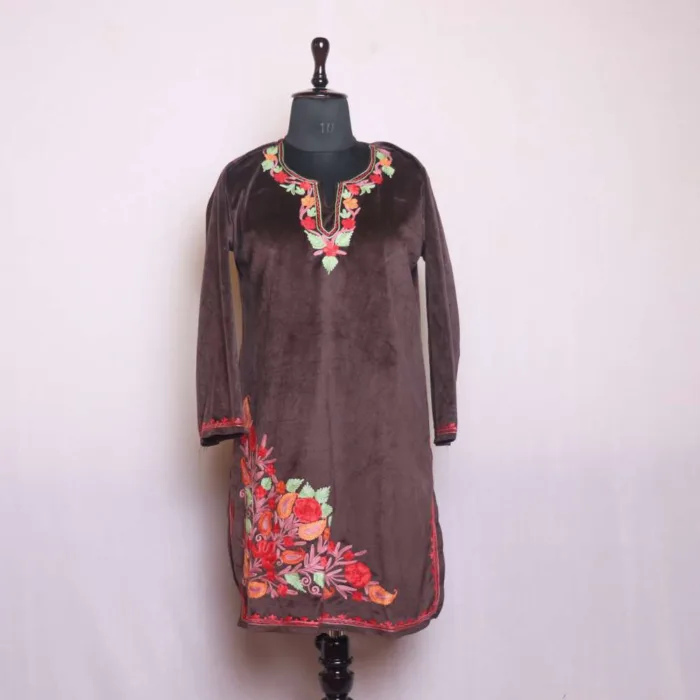 Dark Chocolate Brown Short Velvet Kurti Top with Aari Embroidery - Sonwar Collection [43, 36.5]