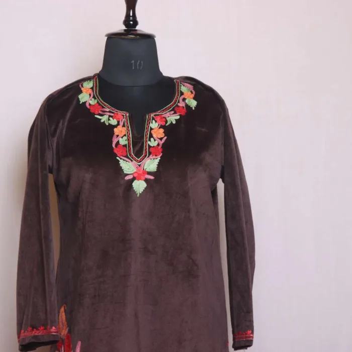 Dark Chocolate Brown Short Velvet Kurti Top with Aari Embroidery - Sonwar Collection [43, 36.5] - Image 2