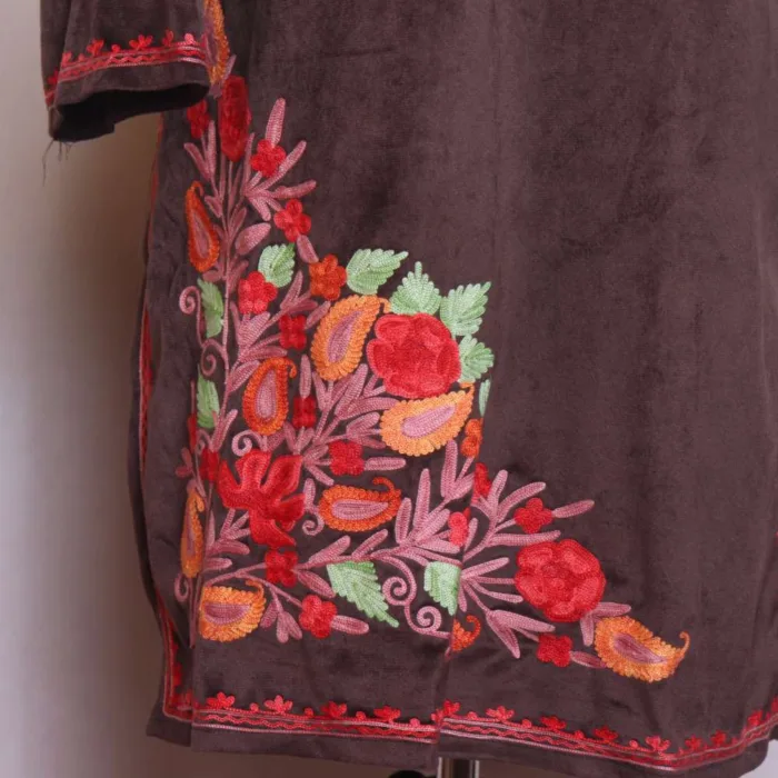 Dark Chocolate Brown Short Velvet Kurti Top with Aari Embroidery - Sonwar Collection [43, 36.5] - Image 3