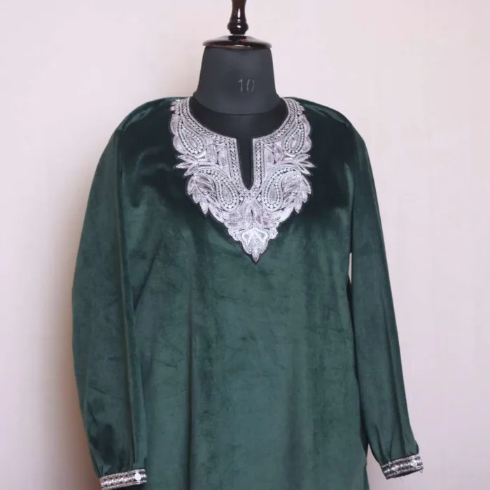 Sophisticated Dark Green Short Velvet Kurti Top with Patch Tilla - Sonwar Collection [44, 38]