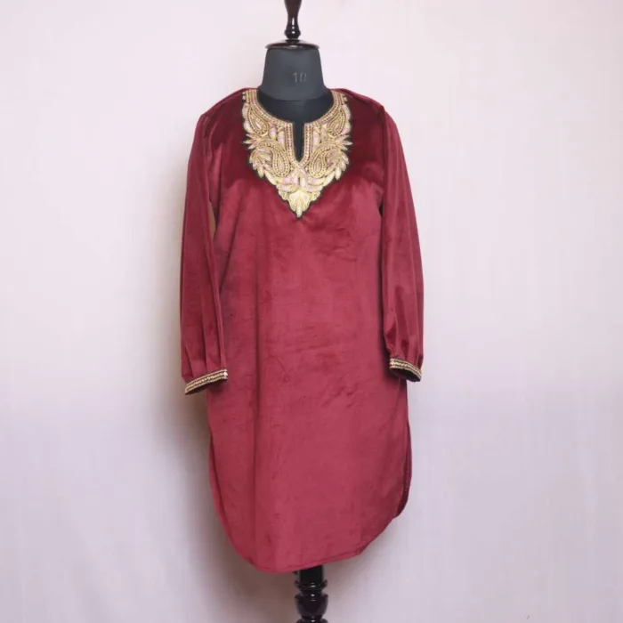 Maroon Short Velvet Kurti Top with Patch Tilla - Sonwar Collection [42, 38] - Image 2