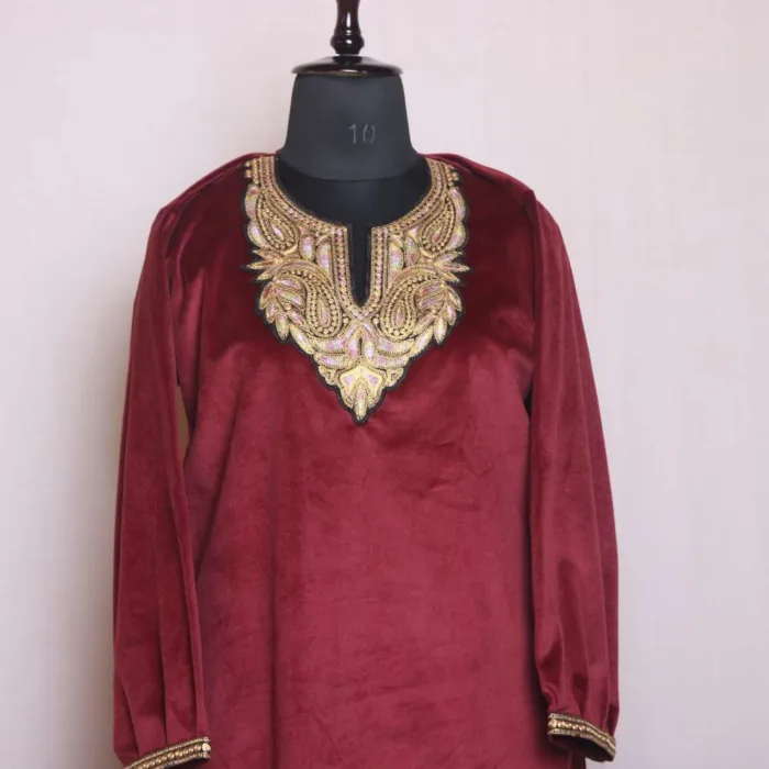 Maroon Short Velvet Kurti Top with Patch Tilla - Sonwar Collection [42, 38]