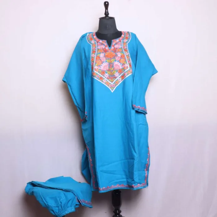 Blue Cashmilon Pheran Set with Aari and Zari Work - Dal Lake Collection