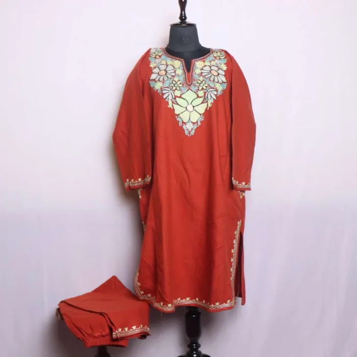 Elegant Aari and Zari Embroidered Rustic Orange Cashmilon Pheran Set - Dal Lake Collection