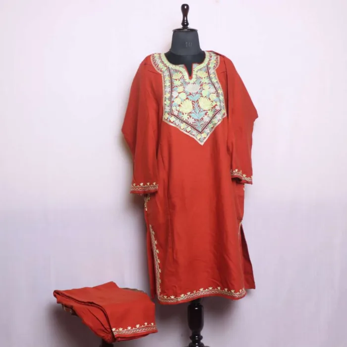 Rustic Orange Cashmilon Aari and Zari Pheran Set for Winter Style - Dal Lake Collection