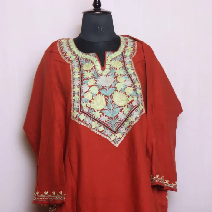 Rustic Orange Cashmilon Aari and Zari Pheran Set for Winter Style - Dal Lake Collection - Image 2