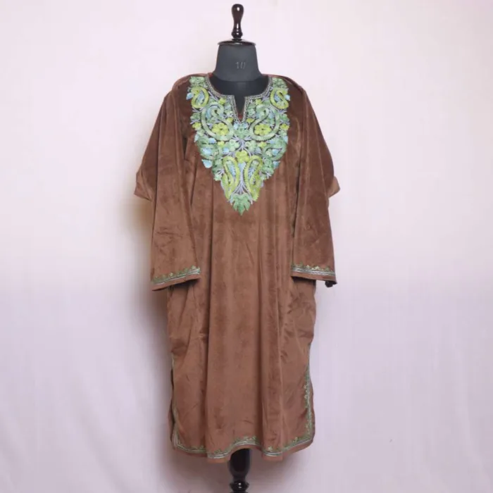 Elegant Loose Brown Velvet Pheran | Feran with Aari Work - Sonwar Collection [58, 43] - Image 2