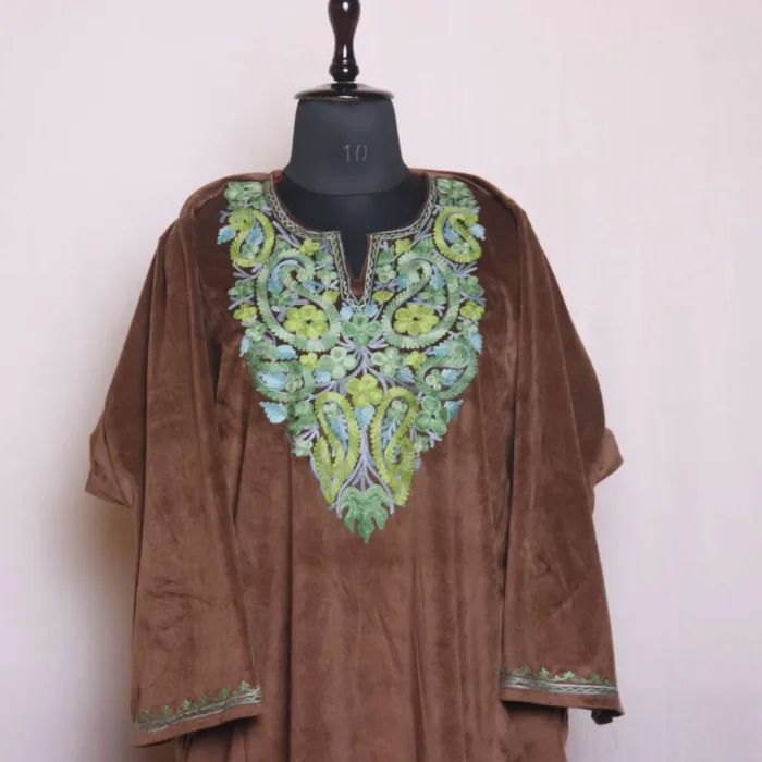 Elegant Loose Brown Velvet Pheran | Feran with Aari Work - Sonwar Collection [58, 43]