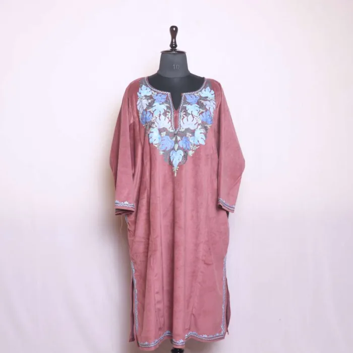 Pinkish Loose Velvet Pheran | Feran with Aari Embroidery - Sonwar Collection [58, 44] - Image 2