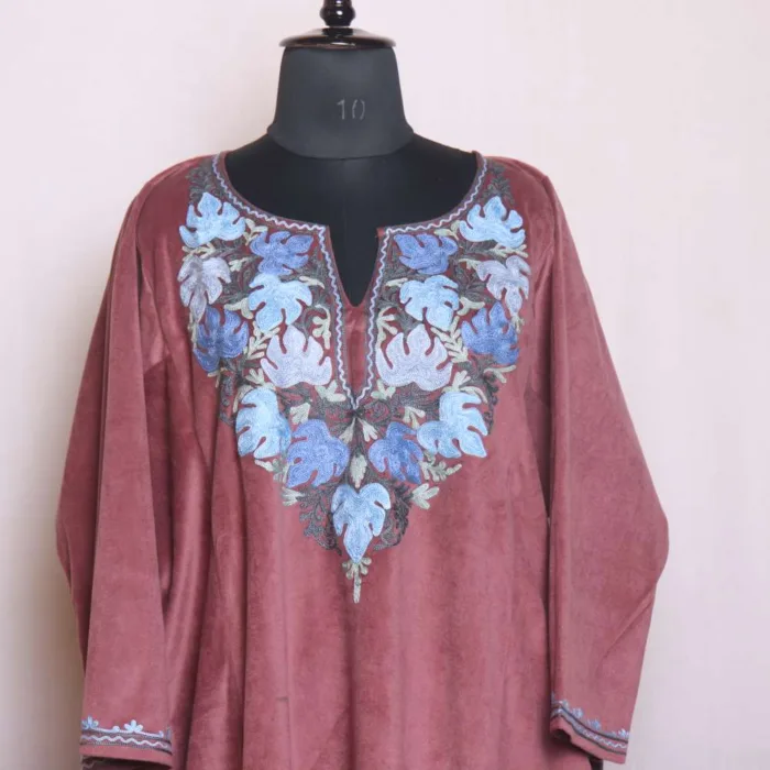 Pinkish Loose Velvet Pheran | Feran with Aari Embroidery - Sonwar Collection [58, 44]