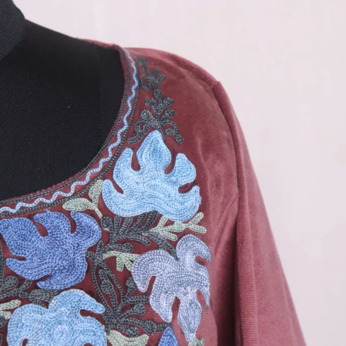 Pinkish Loose Velvet Pheran | Feran with Aari Embroidery - Sonwar Collection [58, 44] - Image 3