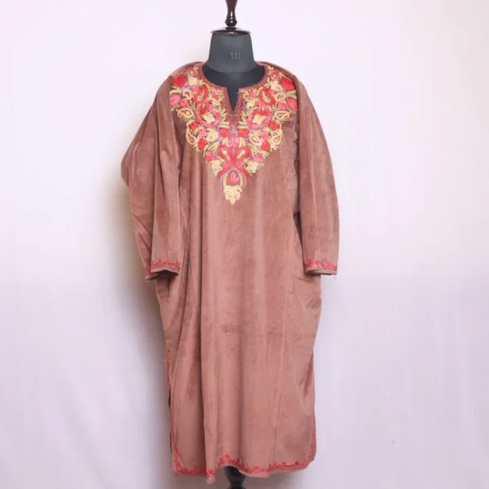 Graceful Brown Loose Velvet Pheran | Feran with Aari Work - Sonwar Collection [57, 44.5] - Image 2