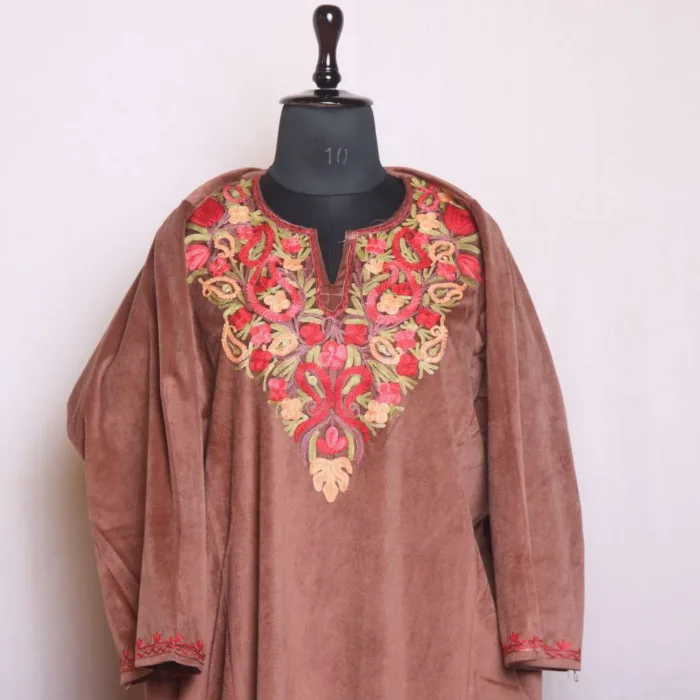 Graceful Brown Loose Velvet Pheran | Feran with Aari Work - Sonwar Collection [57, 44.5]