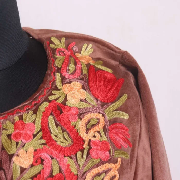 Graceful Brown Loose Velvet Pheran | Feran with Aari Work - Sonwar Collection [57, 44.5] - Image 3