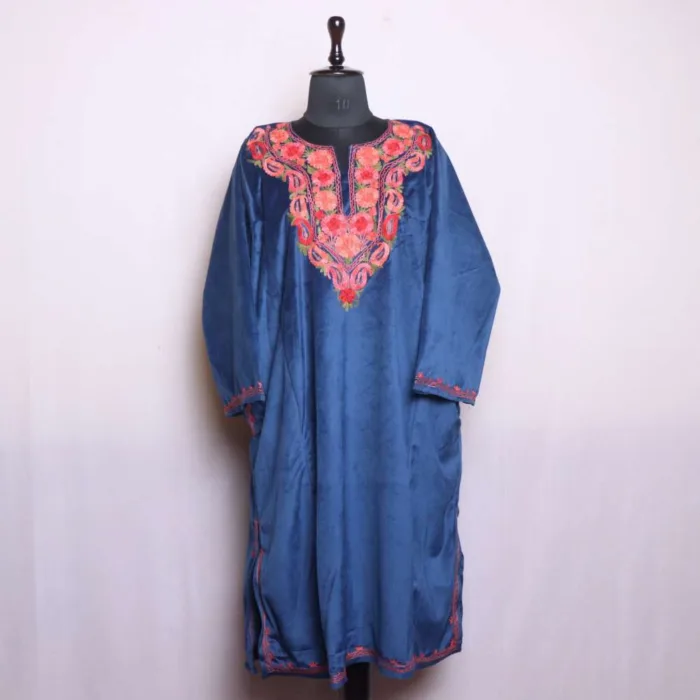 Blue Velvet Aari Embroidered Loose Pheran for Winter Wear - Dal Lake Collection - Image 2