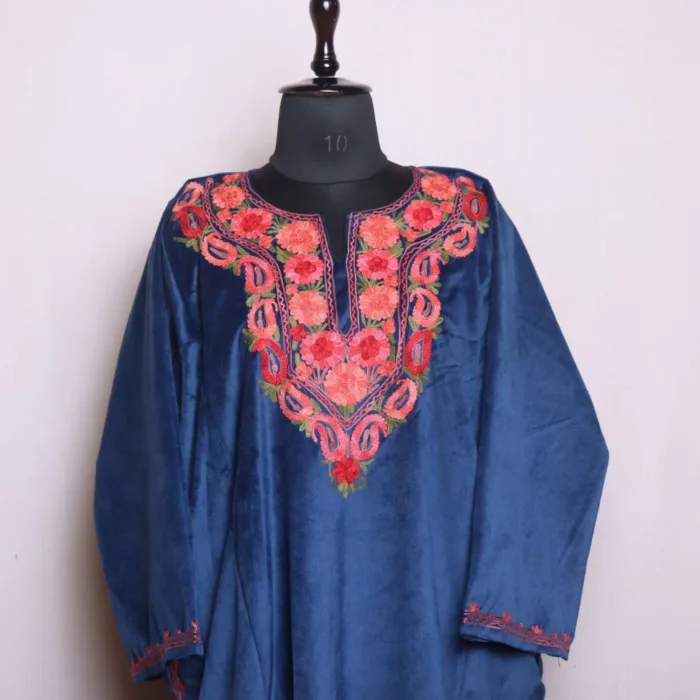 Blue Velvet Aari Embroidered Loose Pheran for Winter Wear - Dal Lake Collection