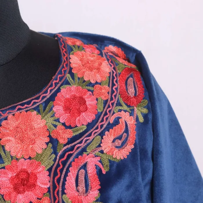 Blue Velvet Aari Embroidered Loose Pheran for Winter Wear - Dal Lake Collection - Image 3