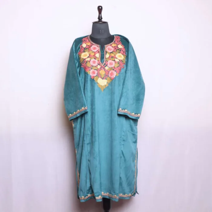 Velvet Teal Colored Loose Pheran with Artistic Aari Embroidery - Dal Lake Collection - Image 2