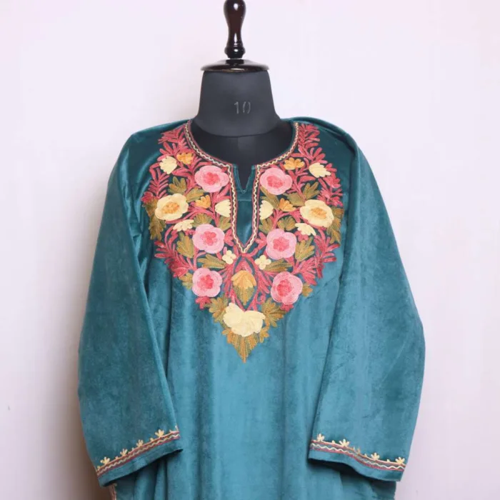 Velvet Teal Colored Loose Pheran with Artistic Aari Embroidery - Dal Lake Collection