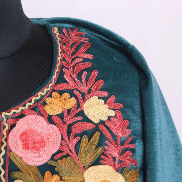 Velvet Teal Colored Loose Pheran with Artistic Aari Embroidery - Dal Lake Collection - Image 3