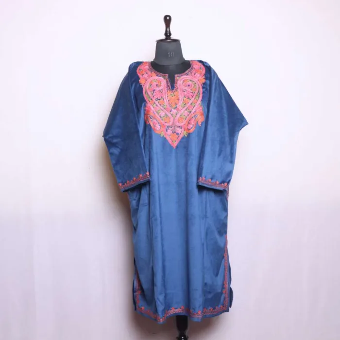 Kashmiri Royal Blue Velvet Loose Pheran | Intricate Aari Work - Dal Lake Collection - Image 2