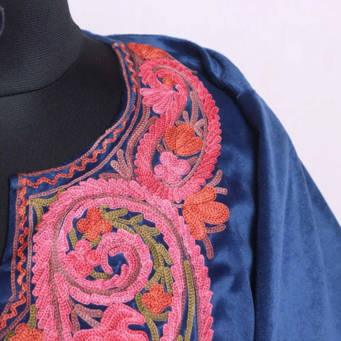 Kashmiri Royal Blue Velvet Loose Pheran | Intricate Aari Work - Dal Lake Collection - Image 3