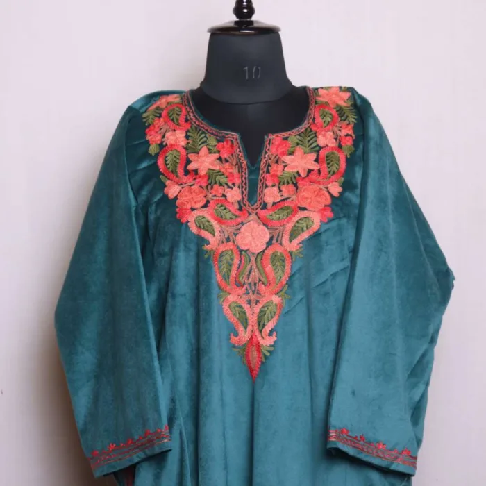 Teal Blue Velvet Winter Loose Pheran with Aari Embroidery - Dal Lake Collection