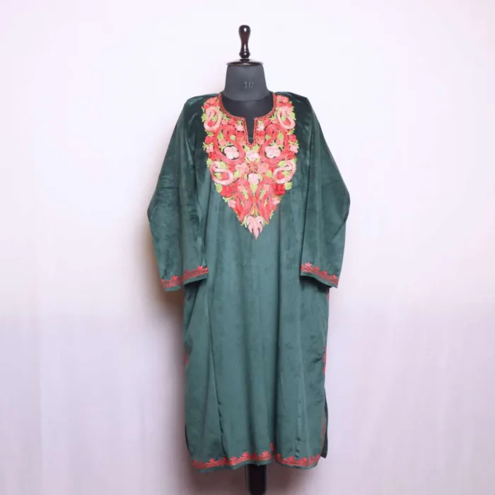 Warm Dark Green Velvet Loose Pheran with Detailed Aari Embroidery - Dal Lake Collection - Image 2