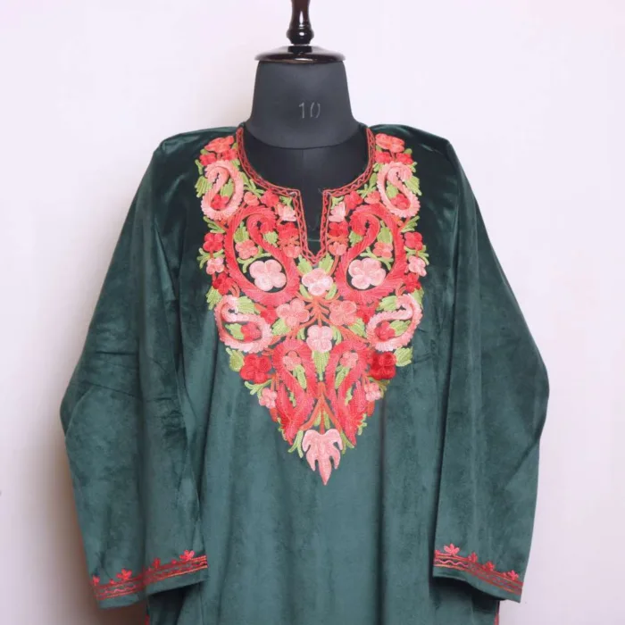 Warm Dark Green Velvet Loose Pheran with Detailed Aari Embroidery - Dal Lake Collection