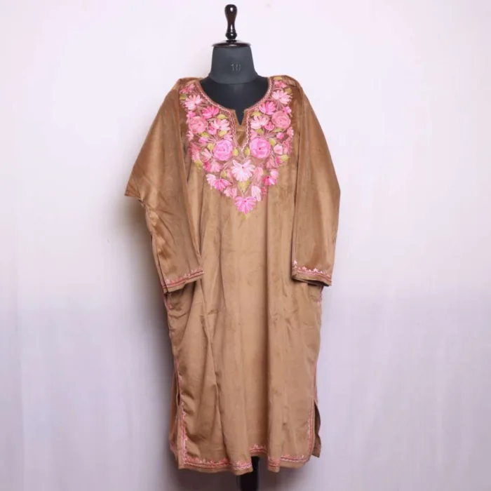 Elegant Beige Kashmiri Velvet Loose Pheran with Beautiful Aari Patterns - Dal Lake Collection - Image 2