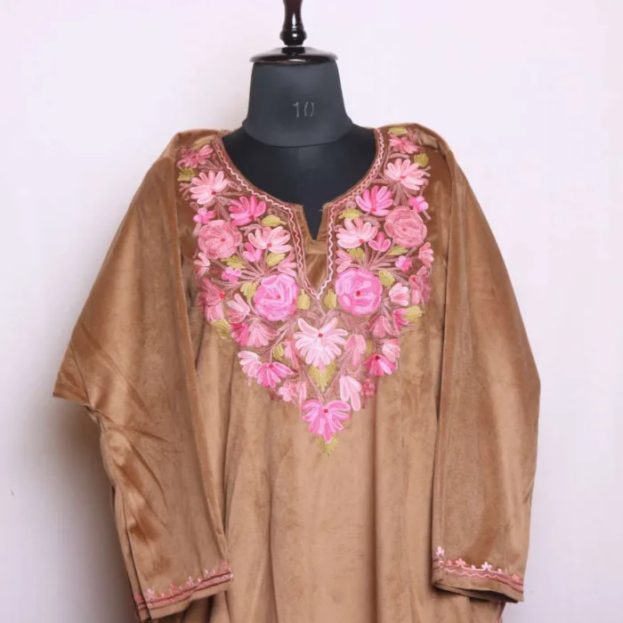 Elegant Beige Kashmiri Velvet Loose Pheran with Beautiful Aari Patterns - Dal Lake Collection