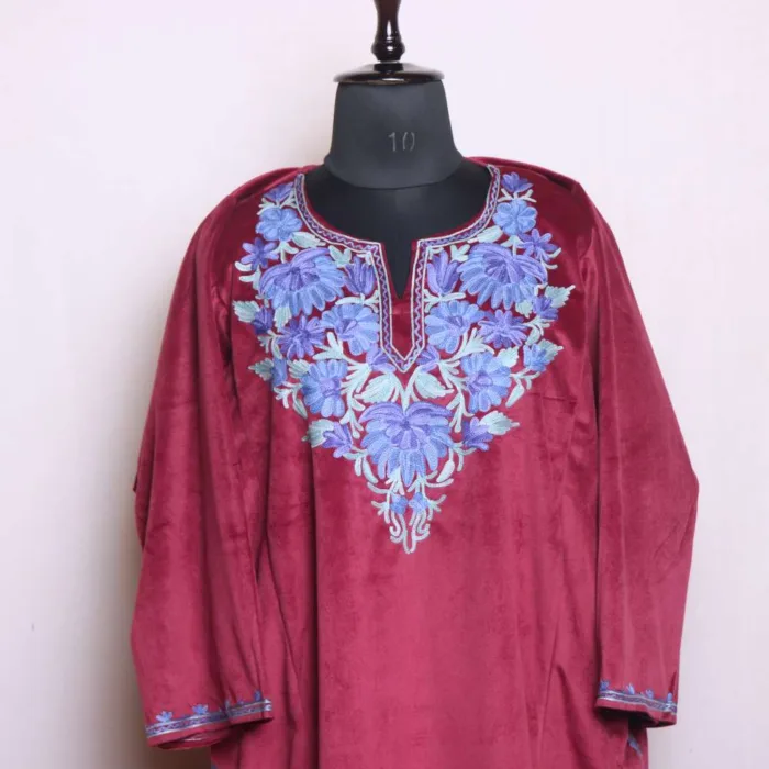 Classic Purple Velvet Winter Loose Pheran with Exquisite Aari Work - Dal Lake Collection